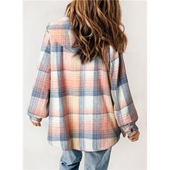 Womens Plaid Shacket Jacket Long Sleeve Button Down Fleece Hooded Jackets - Picture 3 of 6